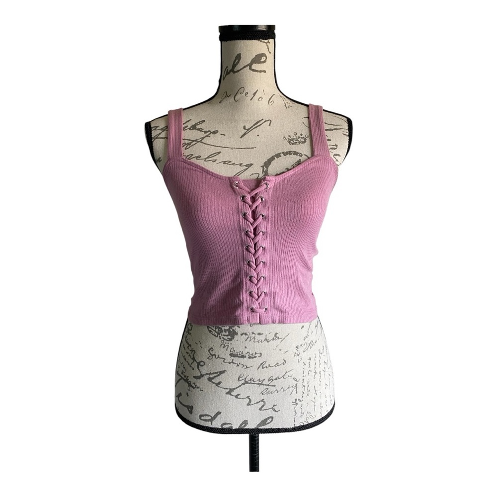 Forever 21 Pink Faux Lace-Up Ribbed Halter Tank Top Small EUC